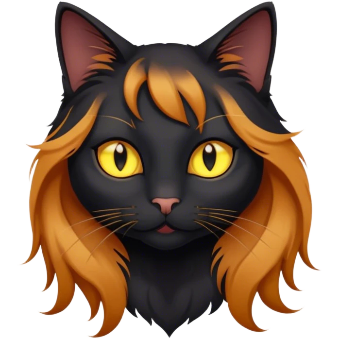 Long-haired black cat with yellow eyes with a ginger girl emoji