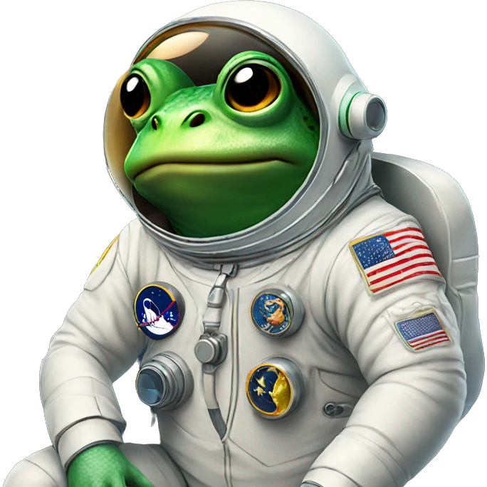 Frog wearing astronaut suit holding the moon emoji