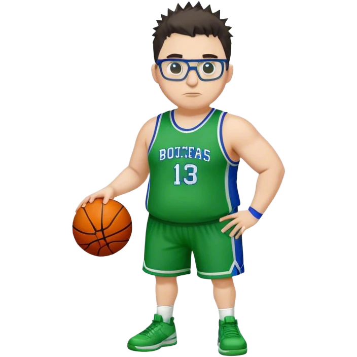 Full Body overweight white male with dark short spike hair basketball player wearing glasses wearing blue green uniform emoji