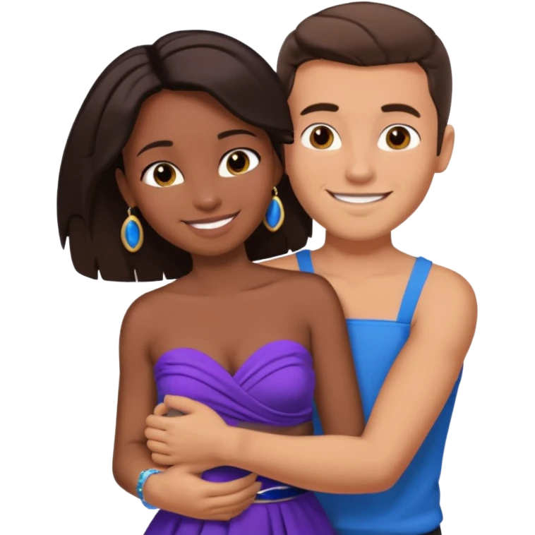 Tan brunette European male in blue shirt smiling and hugging a jet black African girl in purple strapless dress and blue jewelry emoji