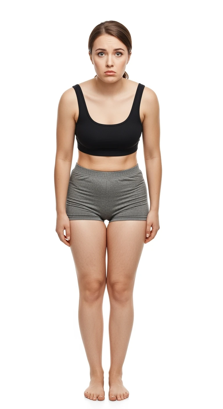 donna giovane con cellulite buchi di cellulite e ritenzione in gym short leggermente piegata in avanti, con espressione dispiaciuta in volto isolata su sfondo bianco emoji