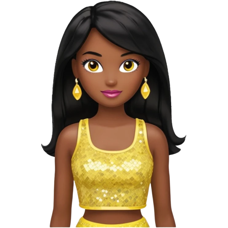Christie from Barbie & Friends with brown eyes, long black hair, yellow sequin crop top, dark skin emoji