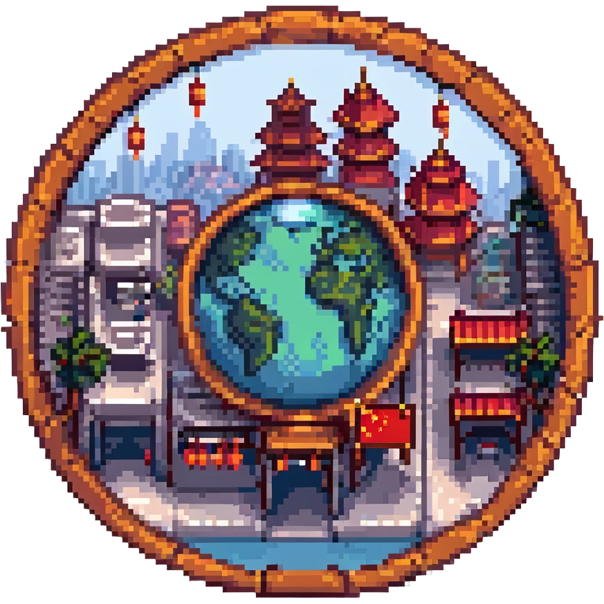 China Town cityscape on a small planet, pixel art, circular frame, vibrant colors emoji