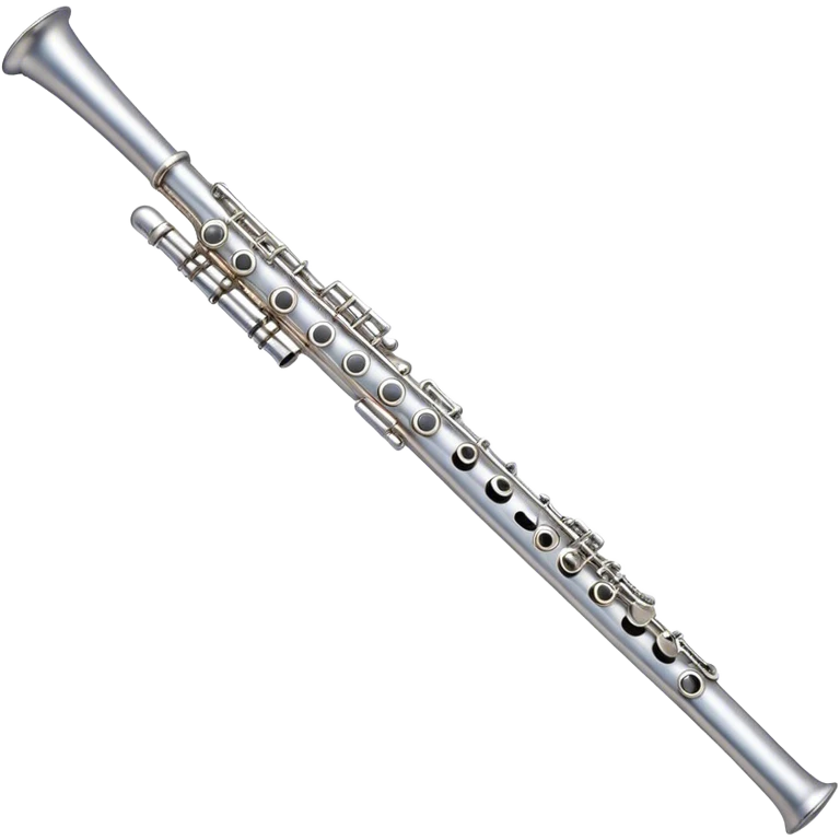Create an elegant and refined emoji representing a classical silver flute. The design should showcase the sleek, polished silver body of the flute with its keywork and tone holes clearly visible. Highlight the smooth, straight shape of the instrument with subtle light reflections on its metal surface. The keys should be delicately detailed, with their small, round pads visible. Add a slight shine to the flute’s surface to reflect its high-quality craftsmanship. Optionally, include subtle musical notes floating around the flute to evoke its light, melodic sound. The background should be transparent. emoji