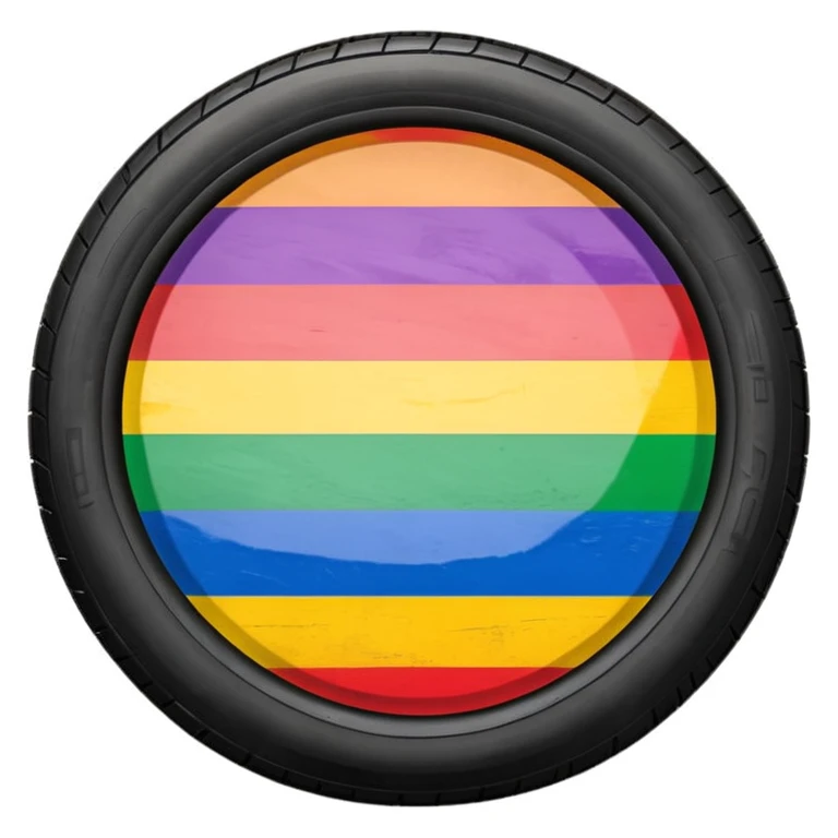 LGBT pride flag background with vibrant colors, bold black tire skid marks across the flag, realistic but artistically blended, compact high contrast emoji style emoji