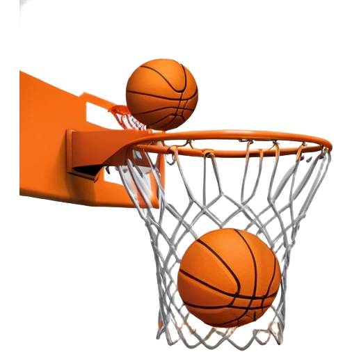 A close-up shot of a basketball entering the hoop, with the ball swishing through and inside  the basket. The background features a blurred basketball court, emphasizing the perfect shot and the excitement of the game. emoji
