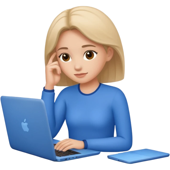 female character wearing blue, hand resting on laptop emoji