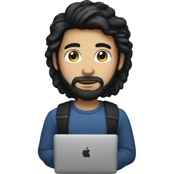white young man with black beard an long hair and a macbook in her hand emoji