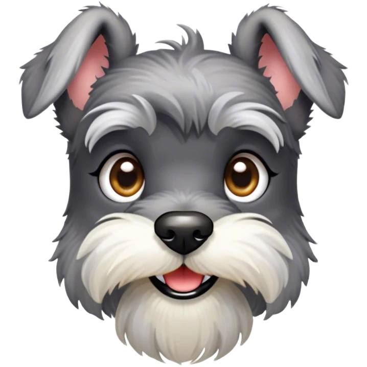Cinematic Cute Miniature Schnauzer Portrait Emoji, Head cheerfully cocked with expressive, twinkling eyes and a neatly trimmed, adorable salt-and-pepper fur, simplified yet endearingly detailed, glowing with a bright, friendly radiance, high shine, exuding smart and spunky charm, styled with a delicate, whimsical outline, capturing the essence of a cute Miniature Schnauzer that appears ready to scamper off the screen with delightful energy! emoji