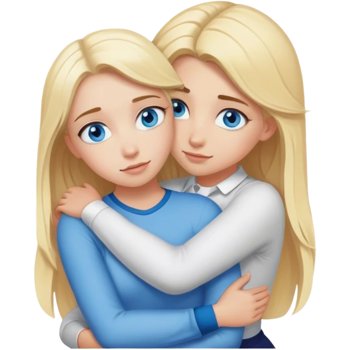 Cinematic realistic blonde with blue eyes hugs another blonde girl from behind emoji