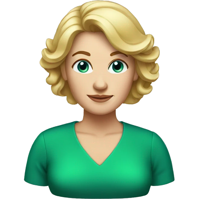 blonde hair 50 year old woman, should length hair, blue eyes, green dress emoji