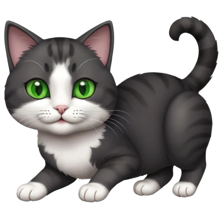 beautiful female solid dark grey cat with green eyes, white toes/paws and white patch on her chest playfully rolling upside down emoji