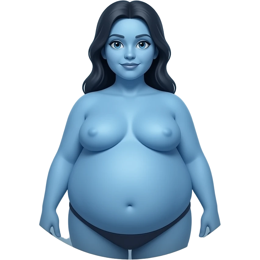 A woman with blue skin who has a big fat round sphere shaped body emoji