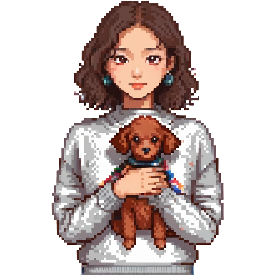 average sized Asian woman with dark brown eyes and hair, wearing a knit jumper, holding a small red poodle emoji