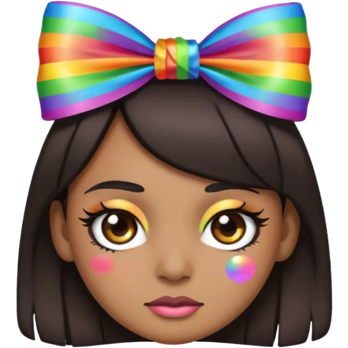 emoji face with dark hair with bad thick eyeliner and rainbow bow on head emoji
