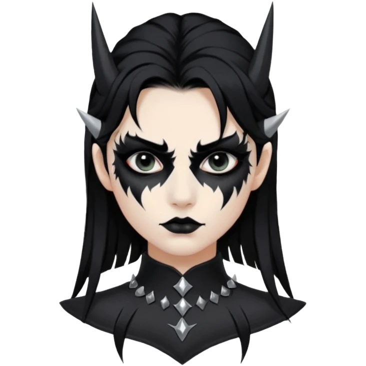 Crea una ragazza con stile black metal,  paint face black metal, capelli neri mossi dalle spalle e occhi bianchi e un collare con borchie a punta emoji