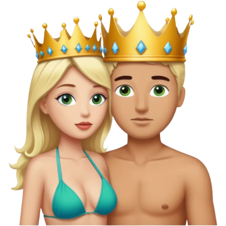 Blonde Queen Green eyes with crown in Bikini kissing Male subject without crown dark Hair blue eyes emoji