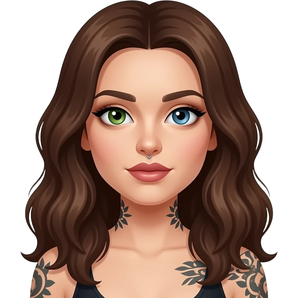 white long wavy haired brunette woman with one green eye one blue eye tattoos a philtrum piercing and a thin streak of grey hair and dark feminine makeup emoji