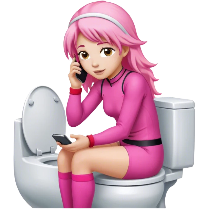 Long Pink haired female Jockey sat on the toilet with her mobile phone  emoji