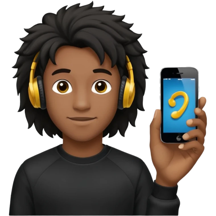 Faça um garoto adolescente de cabelo cacheado preto médio sorrindo, com fones de ouvido Bluetooth e um moletom branco emoji