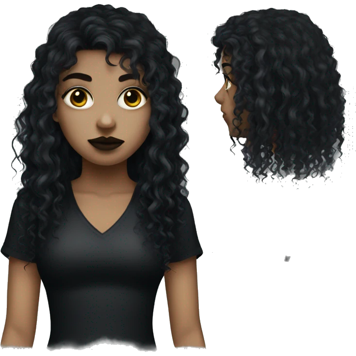 Goth girl with black eyes and a black curly mullet emoji