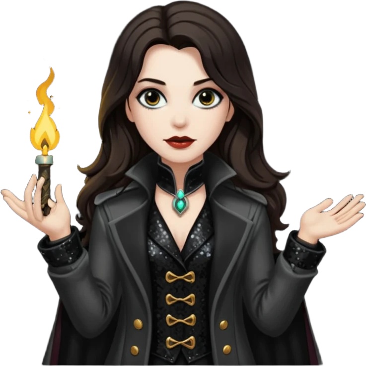 Van Helsing with long dark brown hair, black sequin outfit emoji