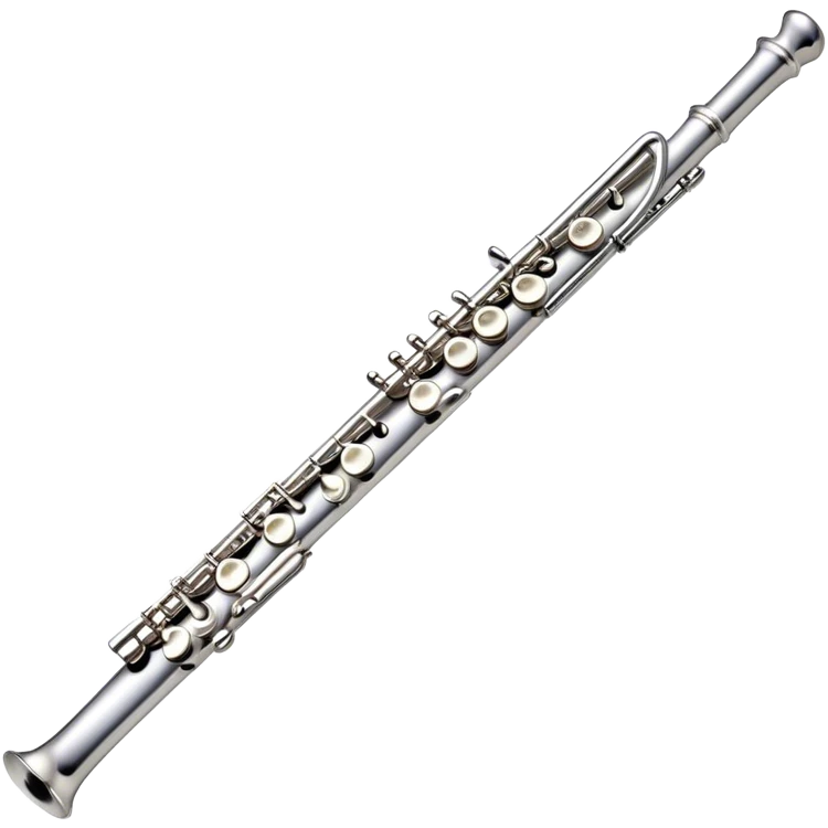 Create an elegant and refined emoji representing a classical silver flute. The design should showcase the sleek, polished silver body of the flute with its keywork and tone holes clearly visible. Highlight the smooth, straight shape of the instrument with subtle light reflections on its metal surface. The keys should be delicately detailed, with their small, round pads visible. Add a slight shine to the flute’s surface to reflect its high-quality craftsmanship. Optionally, include subtle musical notes floating around the flute to evoke its light, melodic sound. The background should be transparent. emoji