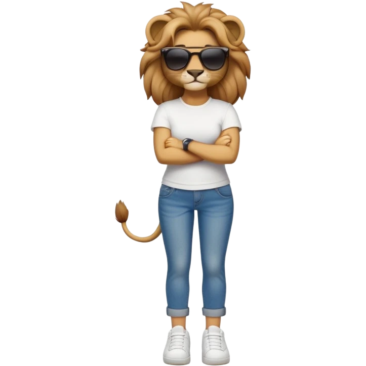 friendly anthropomorphised female lion character, full body, standing confidently with legs shoulder width apart and arms folded, wearing jeans, a white t-shirt, dark sunglasses, and trainers, with a confident smile emoji