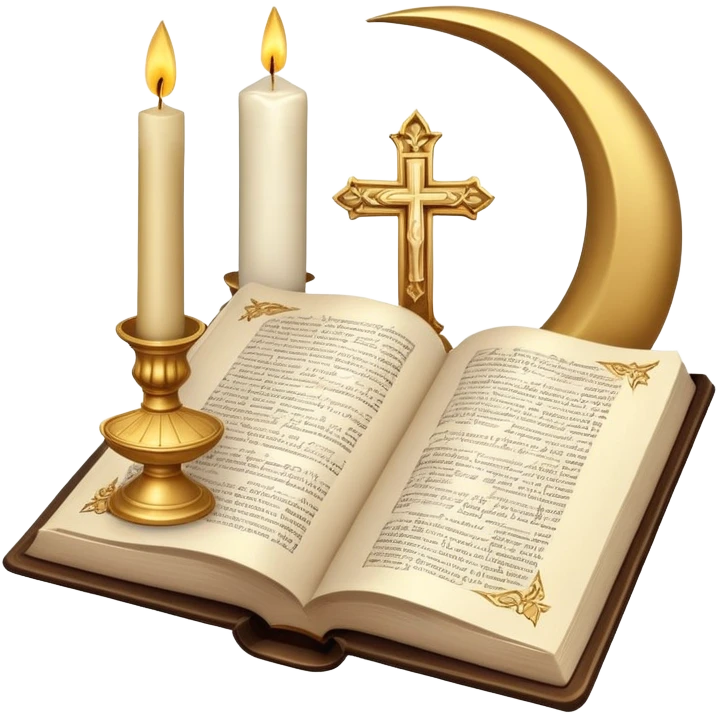 An icon featuring a holy book, a candle, and a cross, symbolizing religious studies. The design includes a globe with various religious symbols: a crescent moon and star (Islam), a lotus flower (Buddhism), representing global belief systems. Transparent background. emoji