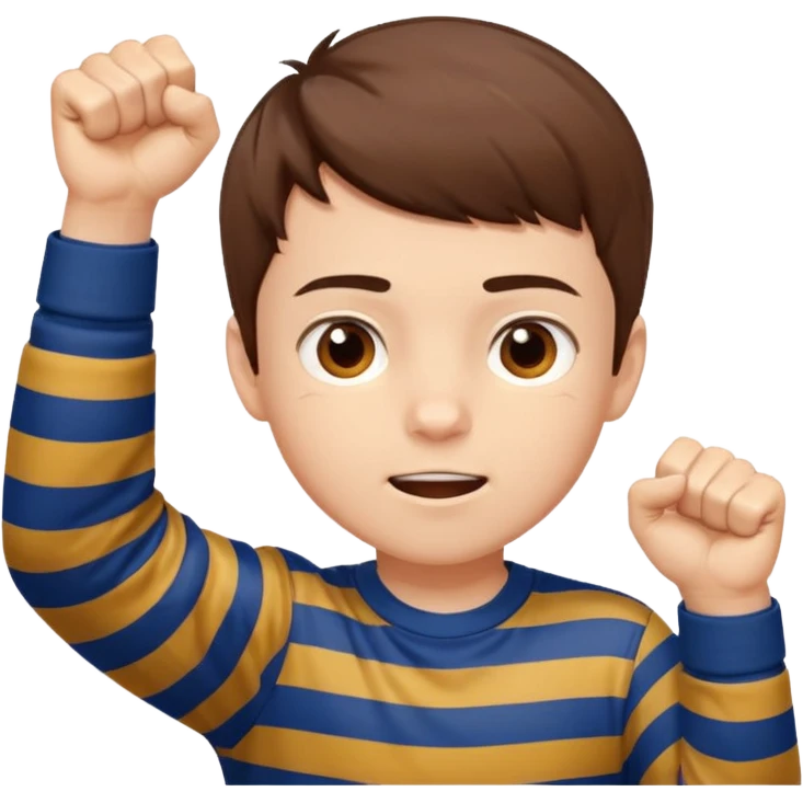 A boy with stripes across his cheeks, raising his fists in excitement. emoji