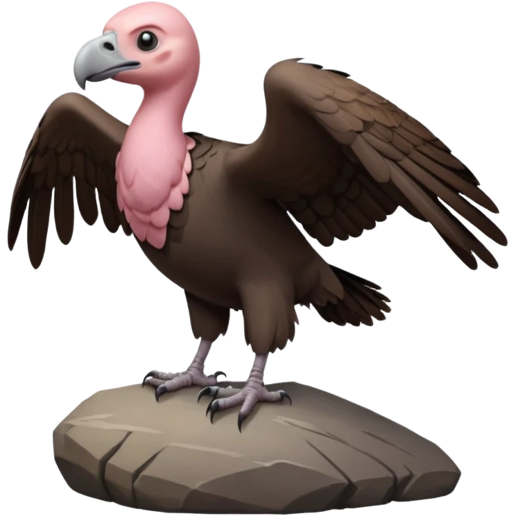 a vulture — large bird with dark brown feathers, bald pinkish head, curved beak and sharp eyes — standing proudly on a rock — wings slightly open — realistic yet cute cartoon emoji look, clean lighting, soft shadows. emoji