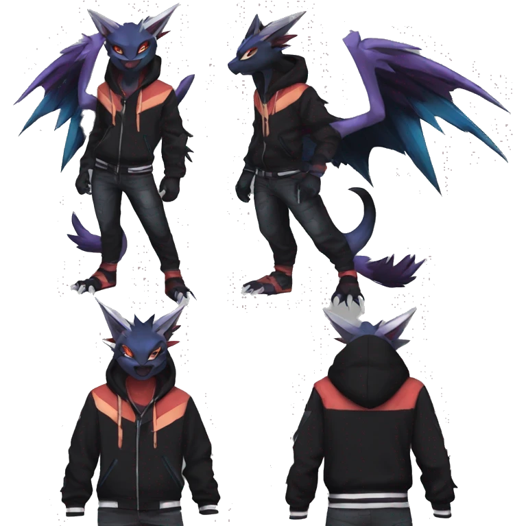 Cool Anthro Black Noivern-Absol-Litten-Pokémon with edgy stripes hoodie spiked collar punk Full Body emoji