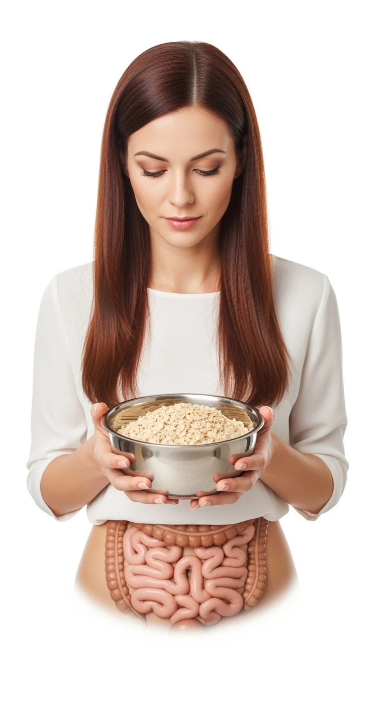 donna con bowl di avena in mano e intestino in evidenza, isolata su sfondo bianco emoji