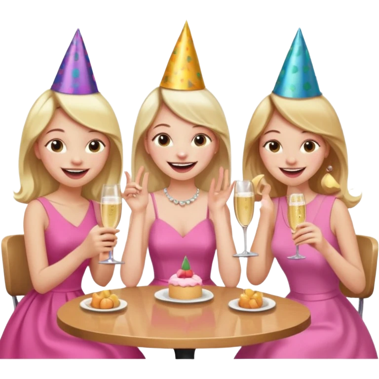 Девушка со светлыми волосами сидит в кафе весёлая с подружками в розовом платье emoji