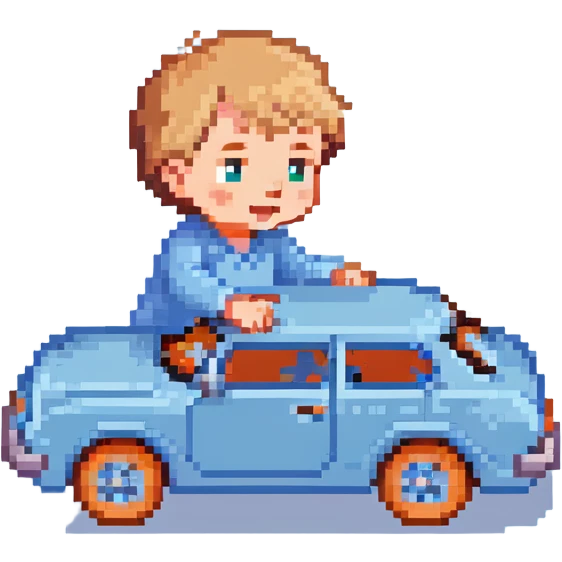 cute toddler boy with pastel blue clothes playing with a blue toy car emoji