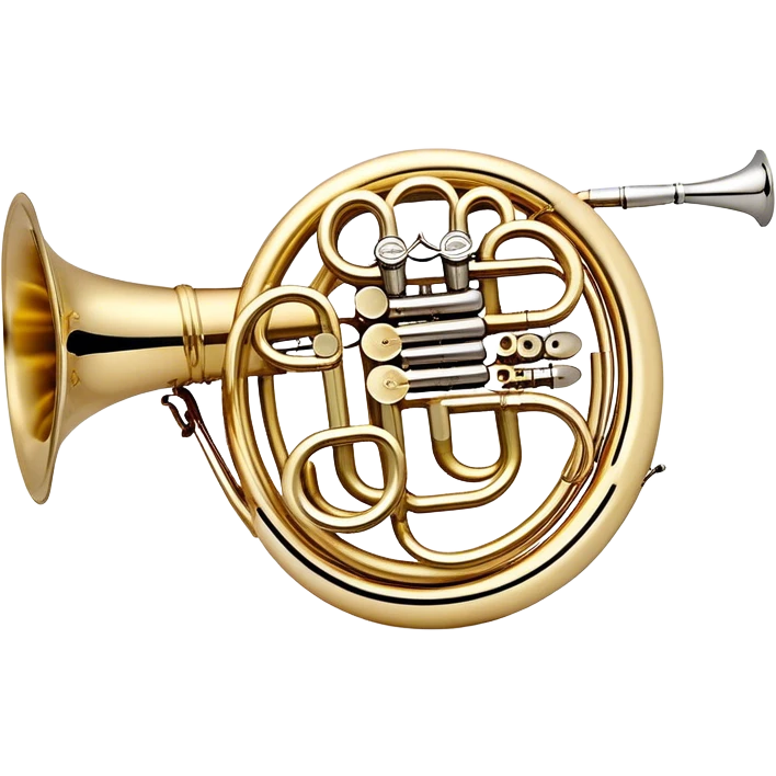 Create a refined and elegant emoji representing the Arnolds & Sons AHR-350 horn. The design should feature the instrument's beautifully coiled brass body with its distinct flared bell, showcasing the high-quality craftsmanship. Include delicate details like the tuning valves, finger buttons, and elegant brass finish. Add subtle musical notes around the horn to symbolize its melodic sound. Use warm golden and brass tones to convey the luxury and professional quality of the instrument. The background should be transparent emoji