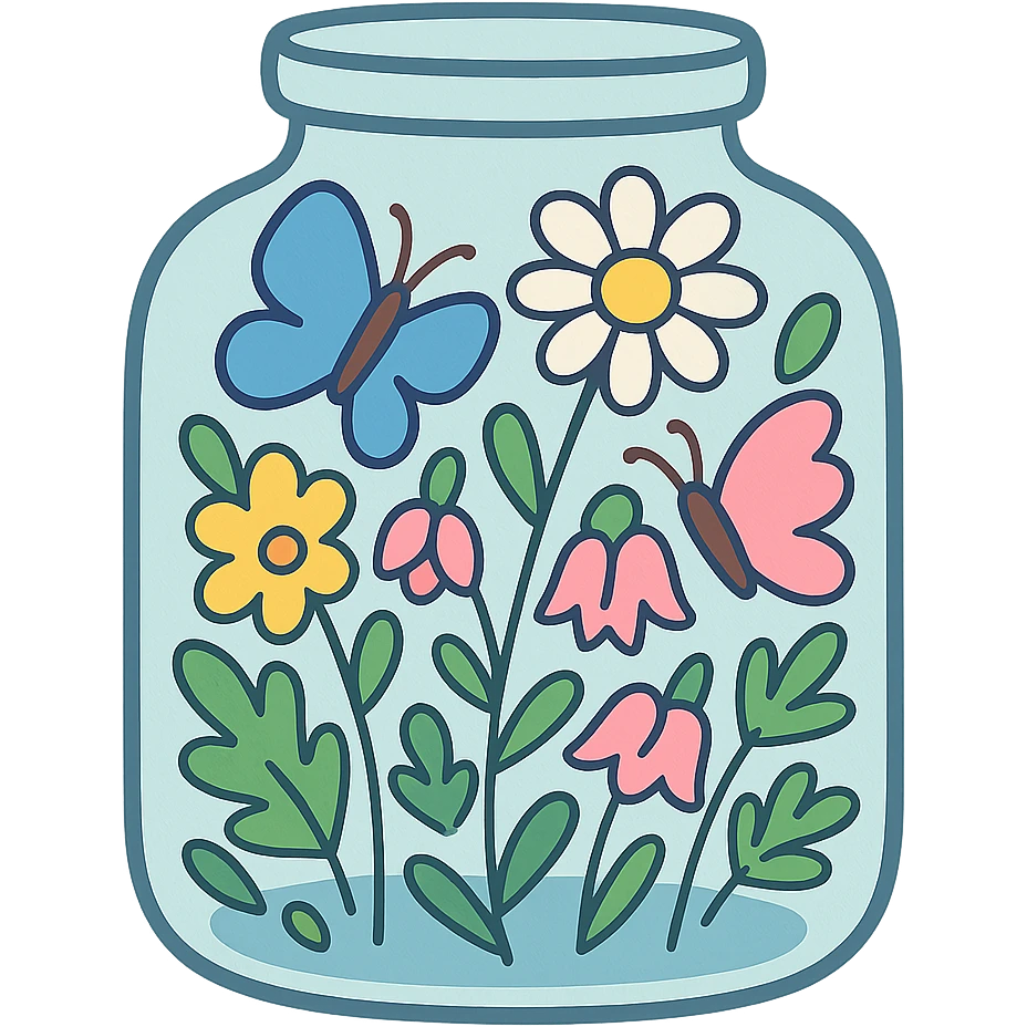 glass jar filled with forest flowers and butterflies, pastel-toon style emoji