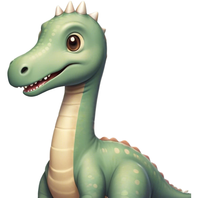 Cinematic Cute Brachiosaurus Portrait Emoji, Head tilted playfully with a warm, endearing smile, featuring a diminutive, almost whimsical head atop an impressively long neck and a sturdy, gentle body, adorned in soft, pastel earthy hues, Simplified yet irresistibly adorable features, highly detailed, glowing with a tender, inviting glow, high shine, affectionate and lively, stylized with a touch of prehistoric whimsy, soft glowing outline, capturing the essence of a playful Brachiosaurus that seems as if it could amble out of the screen into your arms! emoji