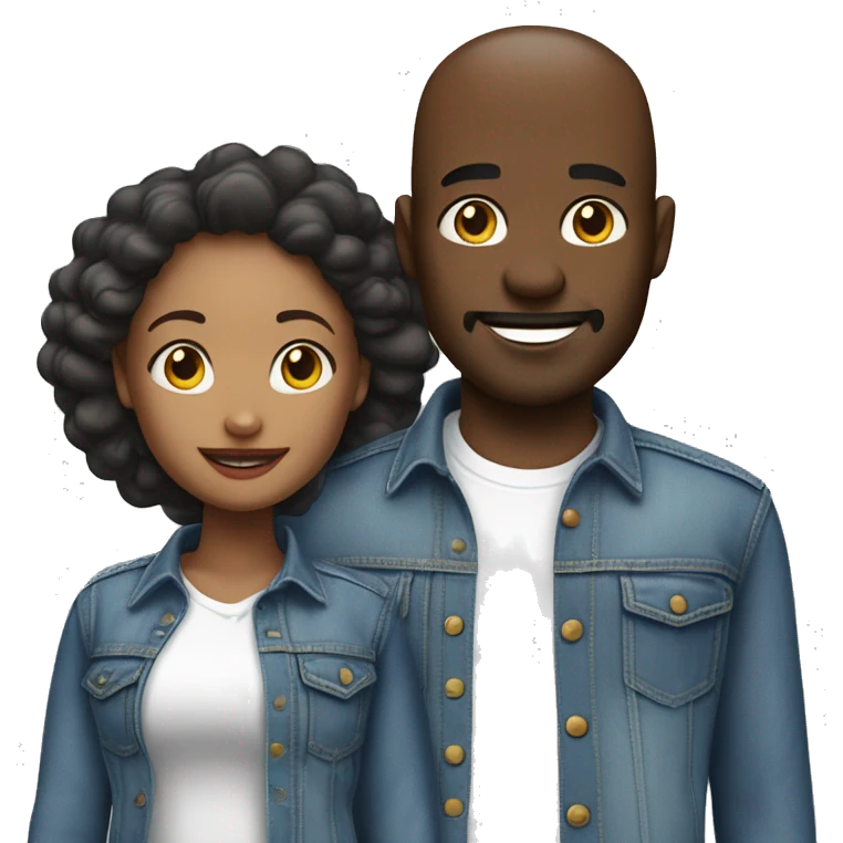 denim duo in white shirts for African American man  bold head and wife add 3 kids boy 10 years and girl 6 years and boy 1.5 years  emoji