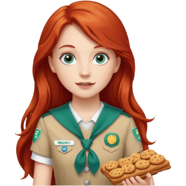 white girl scout with red long hair selling cookie at Wendy’s big emoji