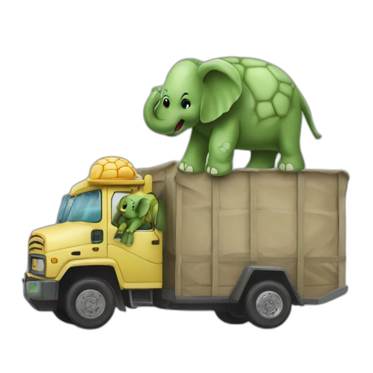 Tortue sur elephant sur camion emoji