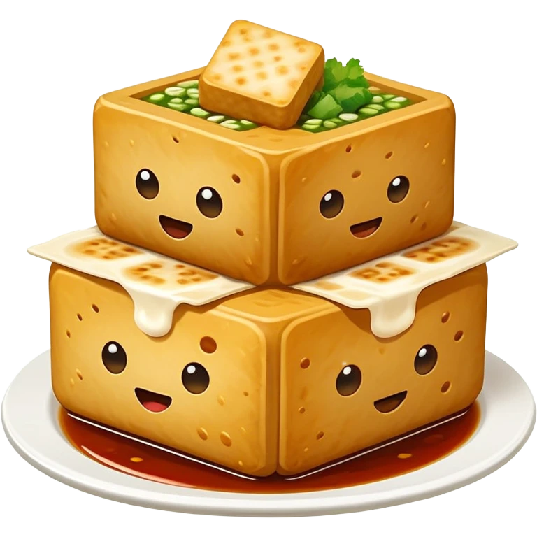 Changsha Stinky Tofu with visible steam and sauce, simplified emoji style with bold outlines and bright colors, cartoon style famous fermented snack emoji