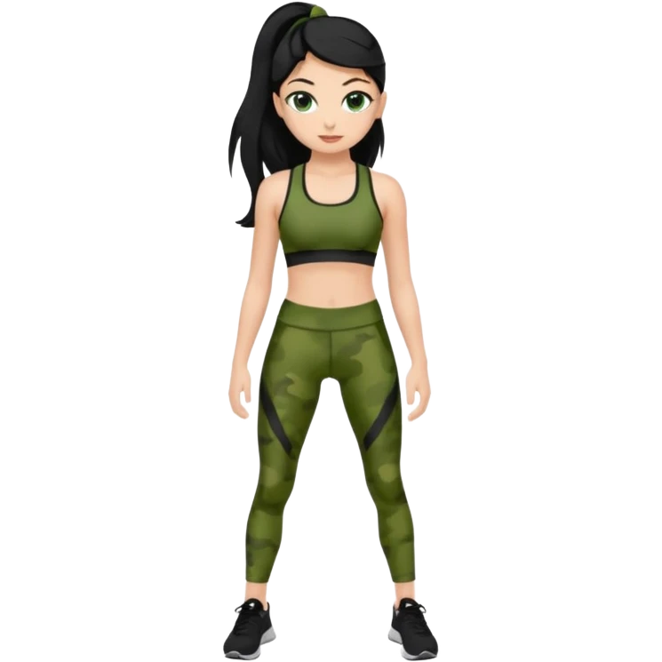 cute teenage girl, cute athletic clothes, light tan skin, dark camo green eyes, long black hair, very long eyelashes emoji
