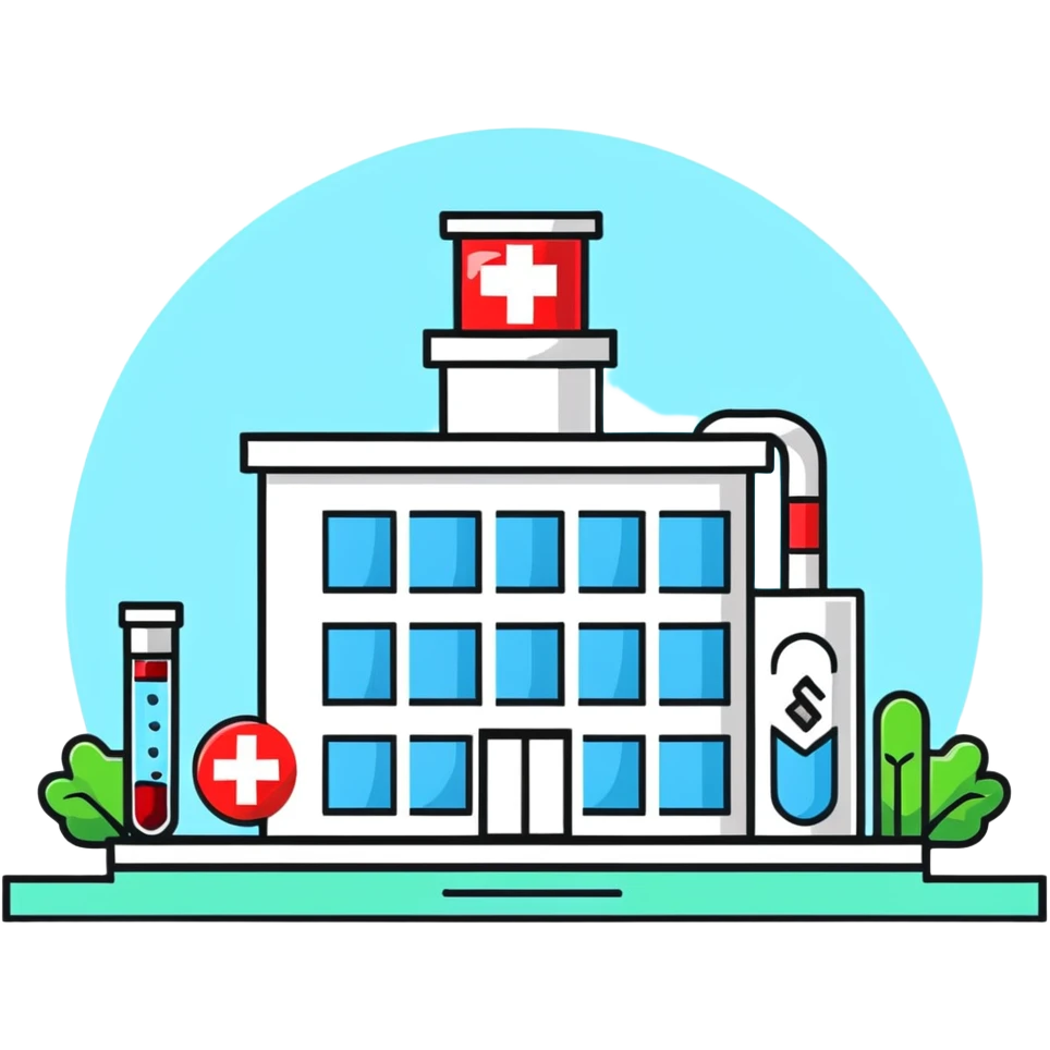 Modern medical clinic building with red cross symbol, test tubes, and heart icon emoji
