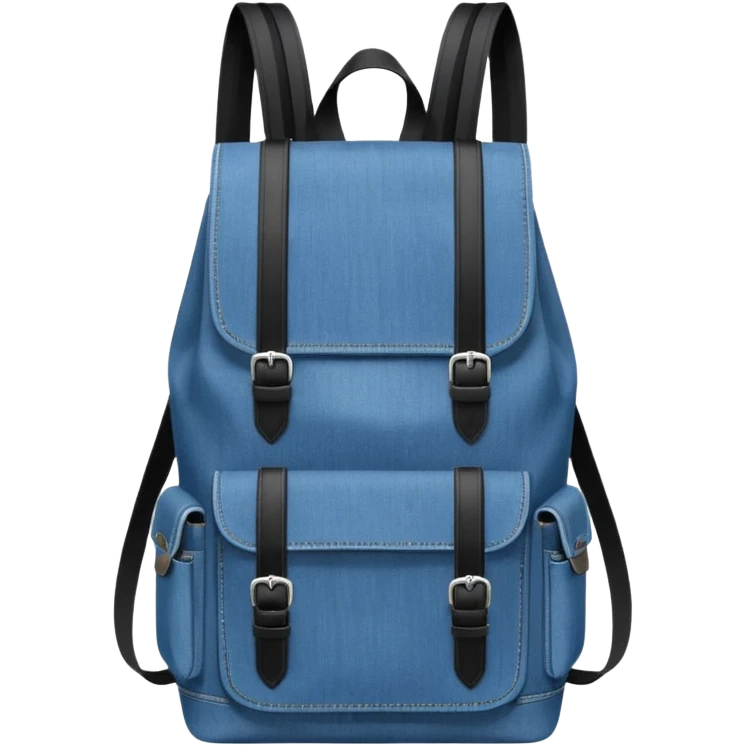 a blue denim backpack with a flap top, two vertical *black buckle straps* on the front, only at the top. The backpack has two side pockets and a soft square shape. 

 emoji