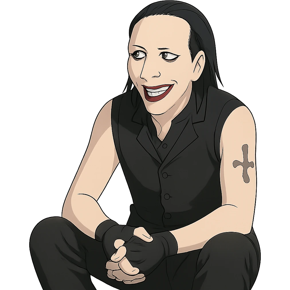 Marilyn Manson sitting and smiling, ghibli style emoji