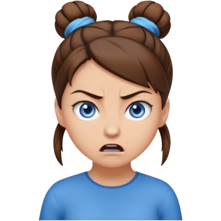 Girl with blue eyes, brown hair in a single bun, angry emoji