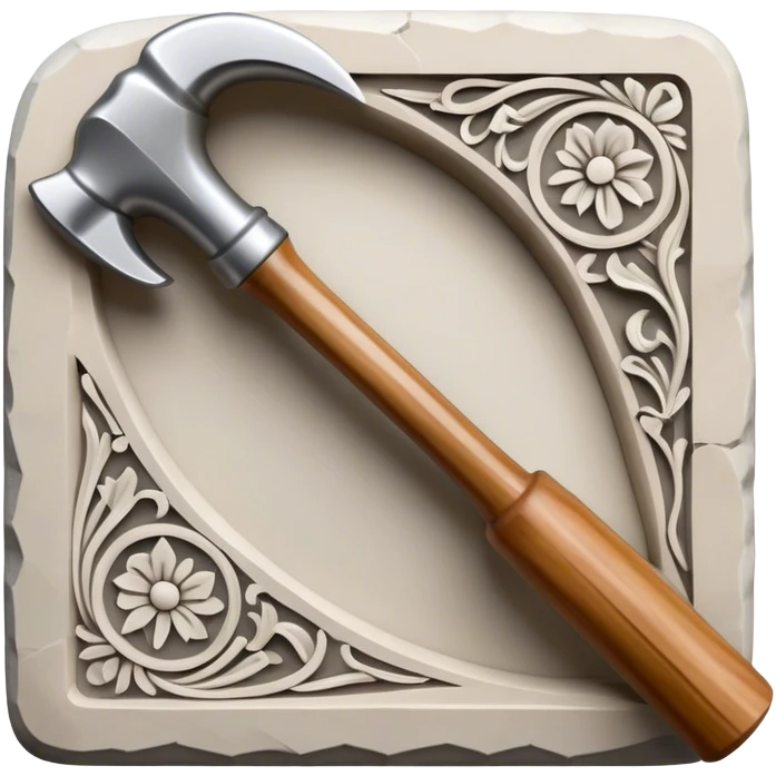 Carving icon, stone, bone, and horn being carved with chisels, fine detailed patterns visible, carving tools like hammer and chisel, minimalistic style, clean lines, transparent background. emoji