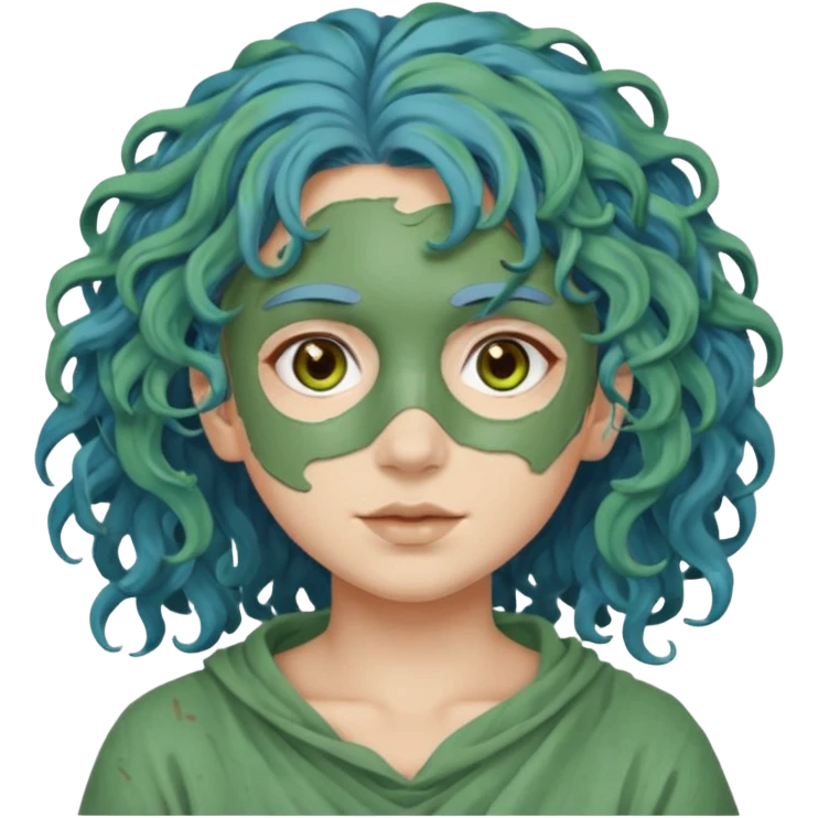messy green clay mask curly long very blue hair emoji