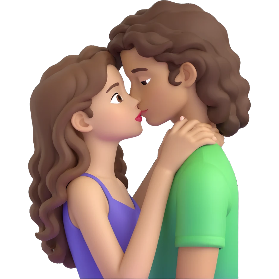 long light brown hair girl with pale skin and boy with dark curly hair and tanned skin kissing emoji